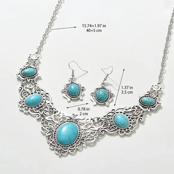Bohemia Vintage Turquoise Necklace Earrings Jewelry Set Elegant Party Gift - Picture 2 of 5